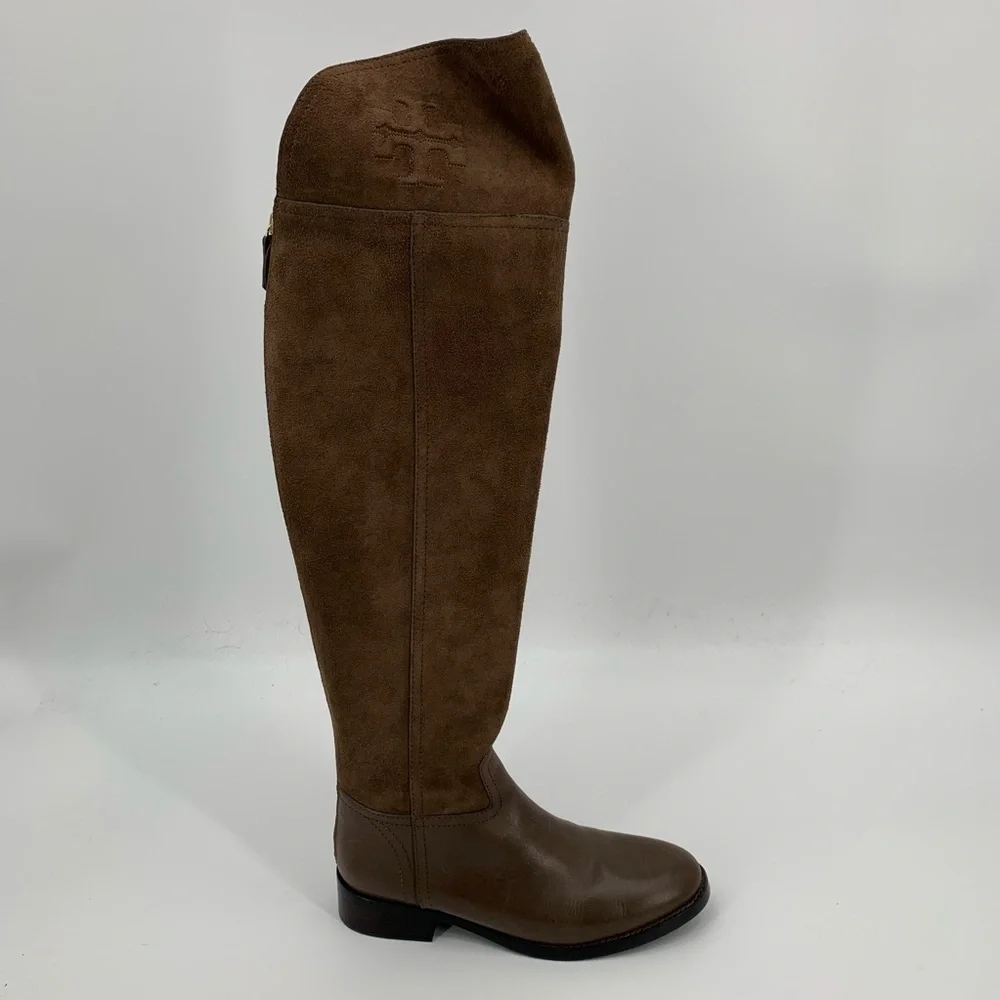 Tory Burch Simone Over the knee OTK tall suede boot brown logo leather new 6.5
